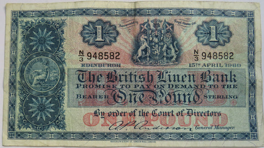 1960 The British Linen Bank £1 One Pound Banknote N/3