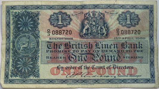1960 The British Linen Bank £1 One Pound Banknote O/3