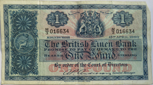 1960 The British Linen Bank £1 One Pound Banknote M/3