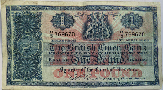 1960 The British Linen Bank £1 One Pound Banknote O/3