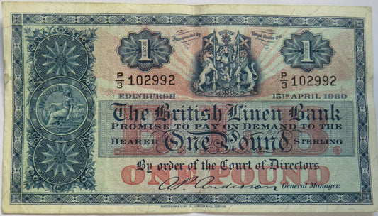 1960 The British Linen Bank £1 One Pound Banknote P/3