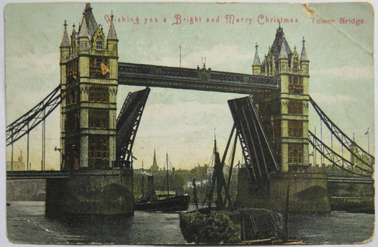 Vintage Postcard of Wishing you a Bright and Merry Christmas, Tower Bridge, London 1909