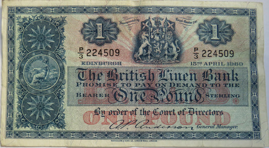 1960 The British Linen Bank £1 One Pound Banknote P/3