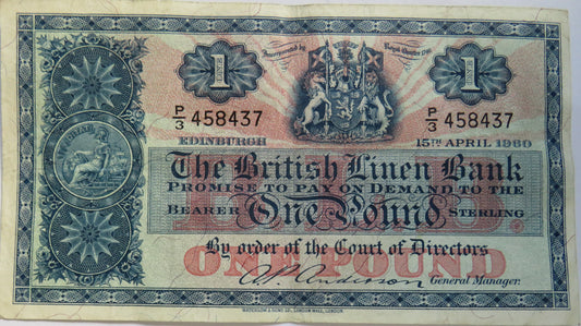 1960 The British Linen Bank £1 One Pound Banknote P/3