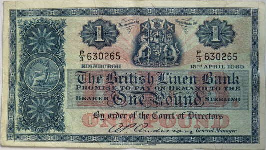 1960 The British Linen Bank £1 One Pound Banknote P/3