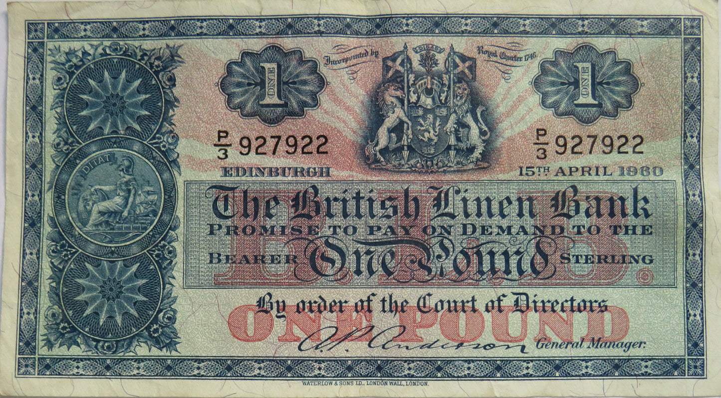 1960 The British Linen Bank £1 One Pound Banknote P/3