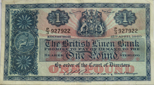 1960 The British Linen Bank £1 One Pound Banknote P/3