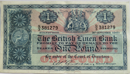 1961 The British Linen Bank £1 One Pound Banknote Q/3