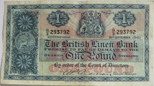 1961 The British Linen Bank £1 One Pound Banknote Q/3