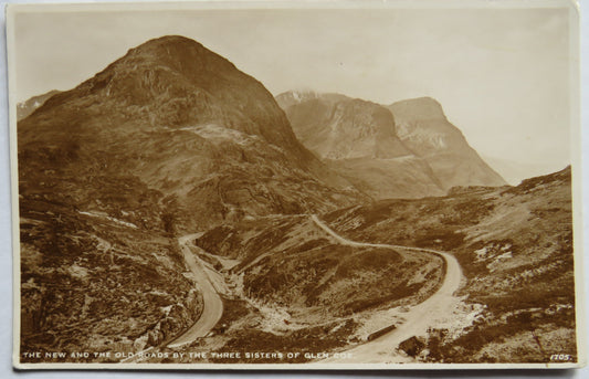 Vintage Postcard of The New and the Old Roads by the Three Sisters of Glen Coe