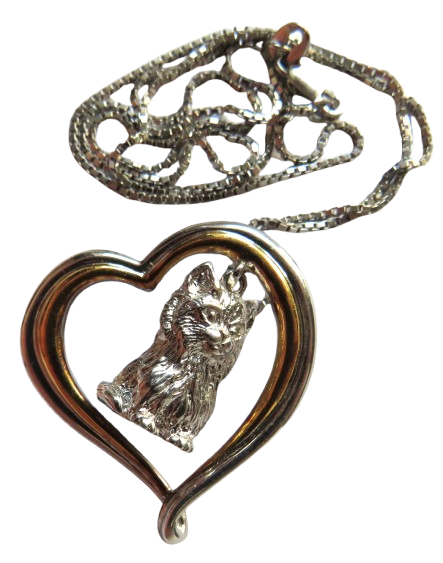 Sterling Silver Necklace & Heart & Cat Pendant