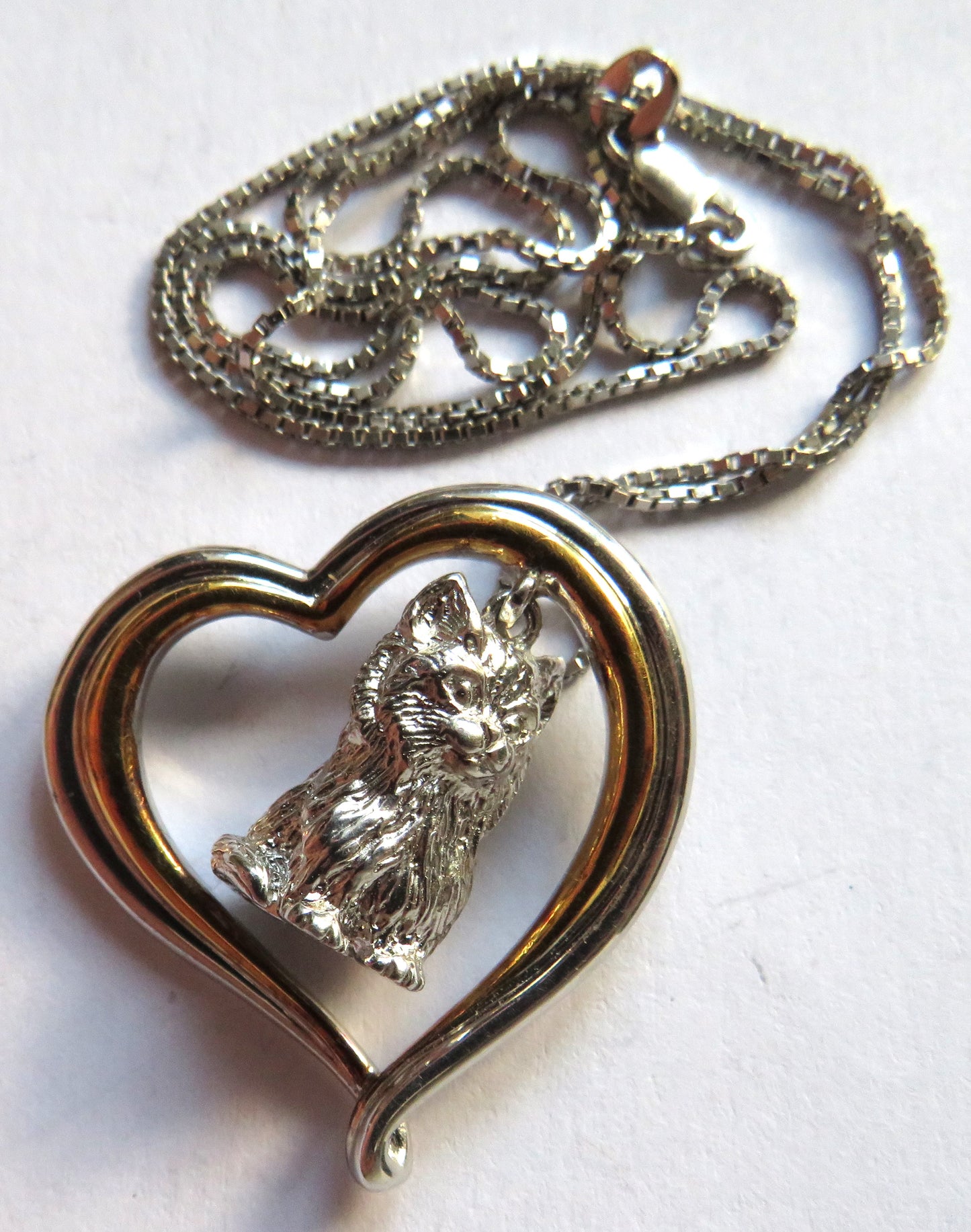 Sterling Silver Necklace & Heart & Cat Pendant
