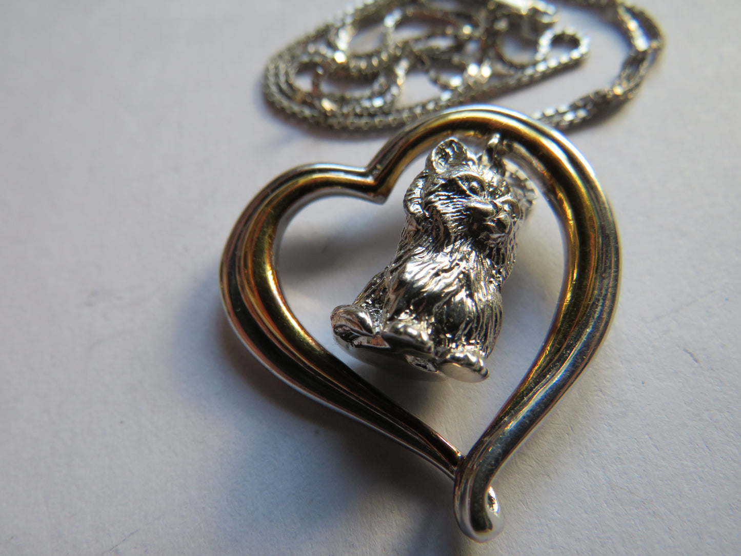 Sterling Silver Necklace & Heart & Cat Pendant