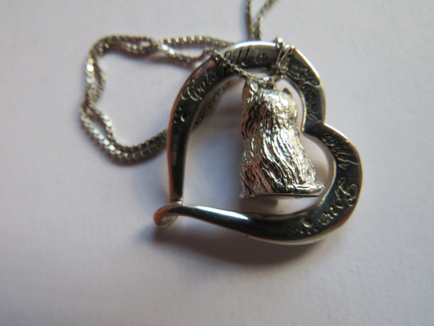 Sterling Silver Necklace & Heart & Cat Pendant