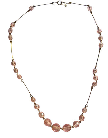 Vintage Ladies Pink Bead & Yellow Metal Necklace