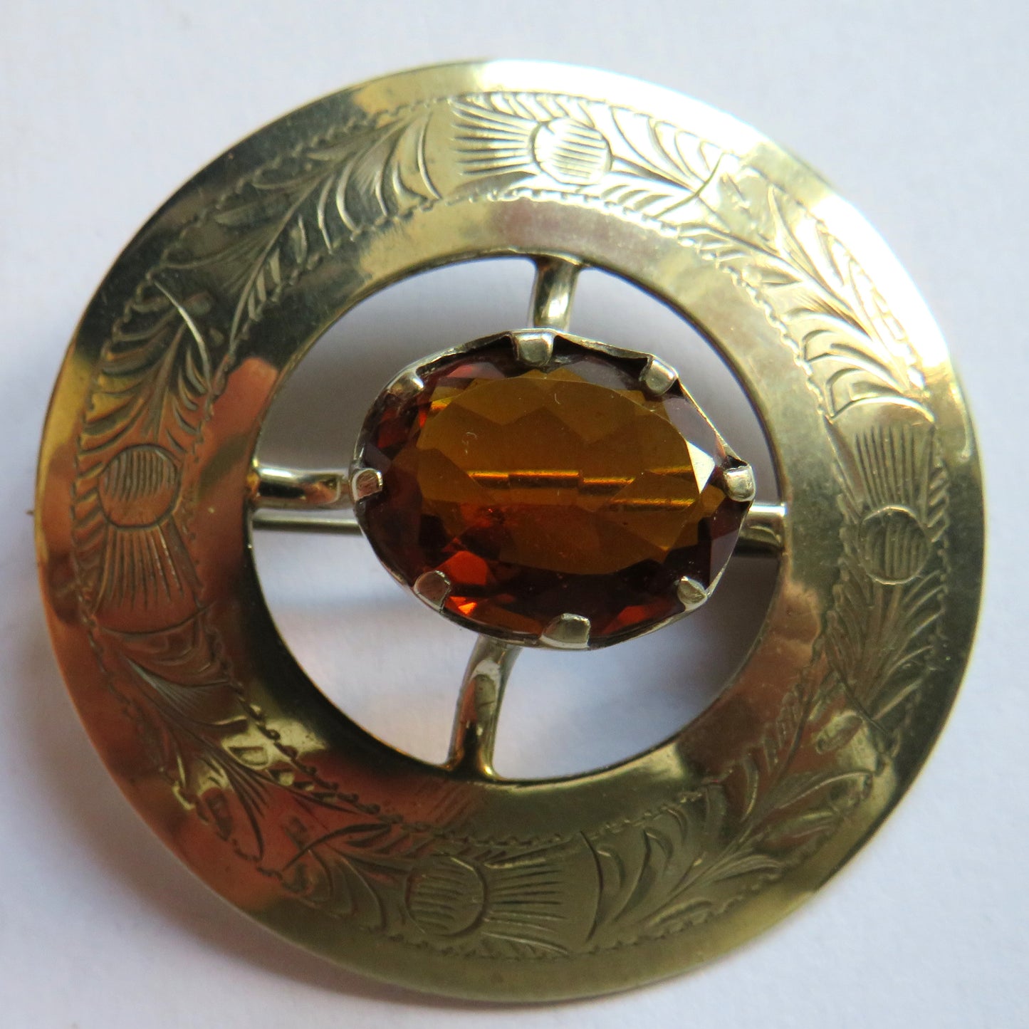 Large Vintage Scottish Silver Plated Thistle & Orange Glass Brooch