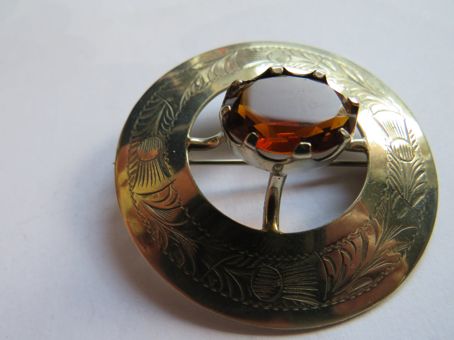 Large Vintage Scottish Silver Plated Thistle & Orange Glass Brooch