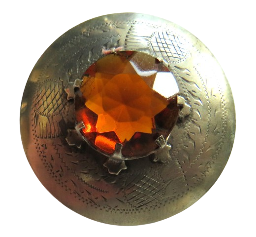 Vintage Scottish Silver Plated Thistle & Orange Glass Brooch.