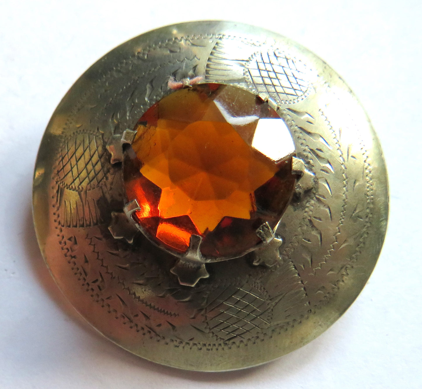 Vintage Scottish Silver Plated Thistle & Orange Glass Brooch.