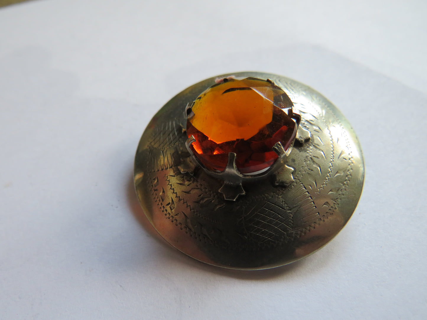 Vintage Scottish Silver Plated Thistle & Orange Glass Brooch.