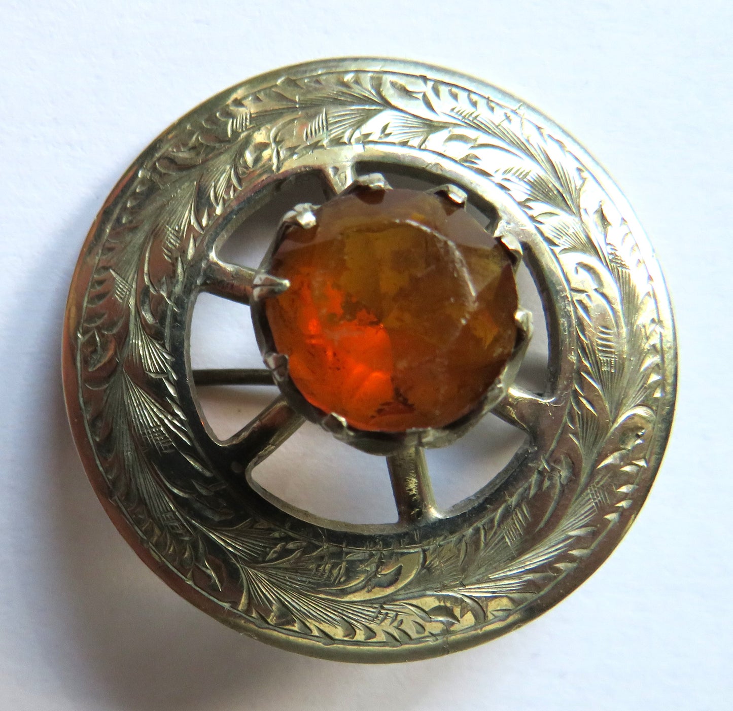 Vintage Scottish Thistle & Orange Glass Brooch