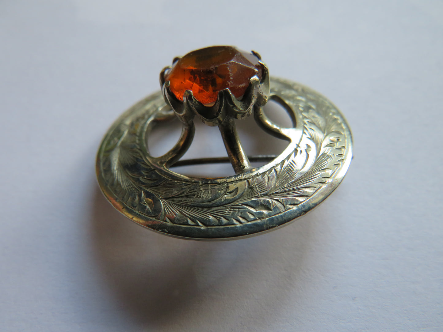 Vintage Scottish Thistle & Orange Glass Brooch