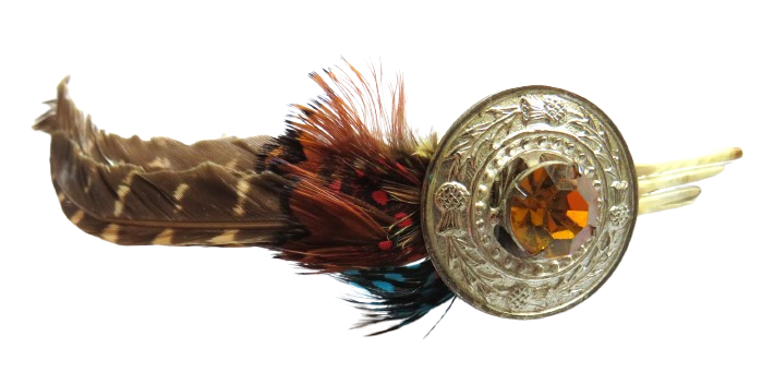 Vintage Scottish Thistle & Orange Glass Brooch With Feathers