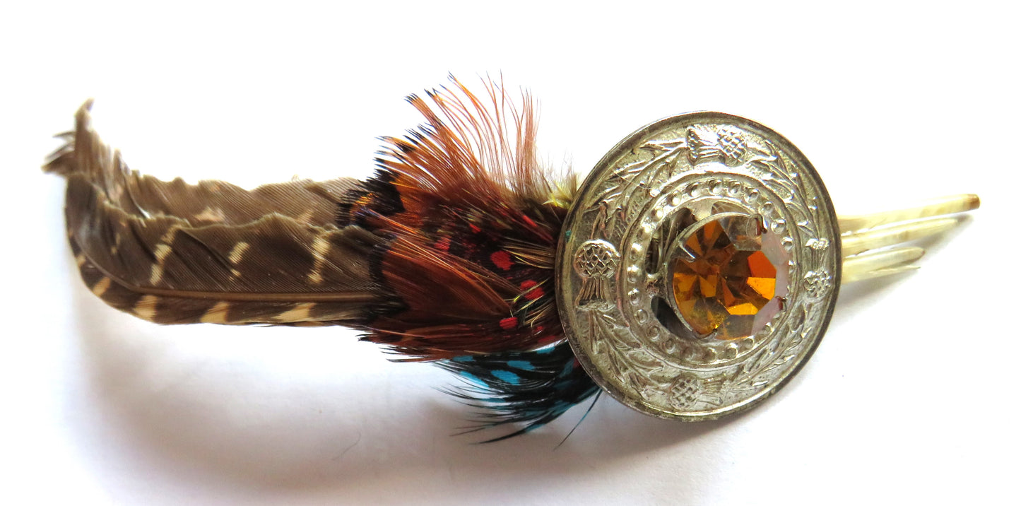 Vintage Scottish Thistle & Orange Glass Brooch With Feathers