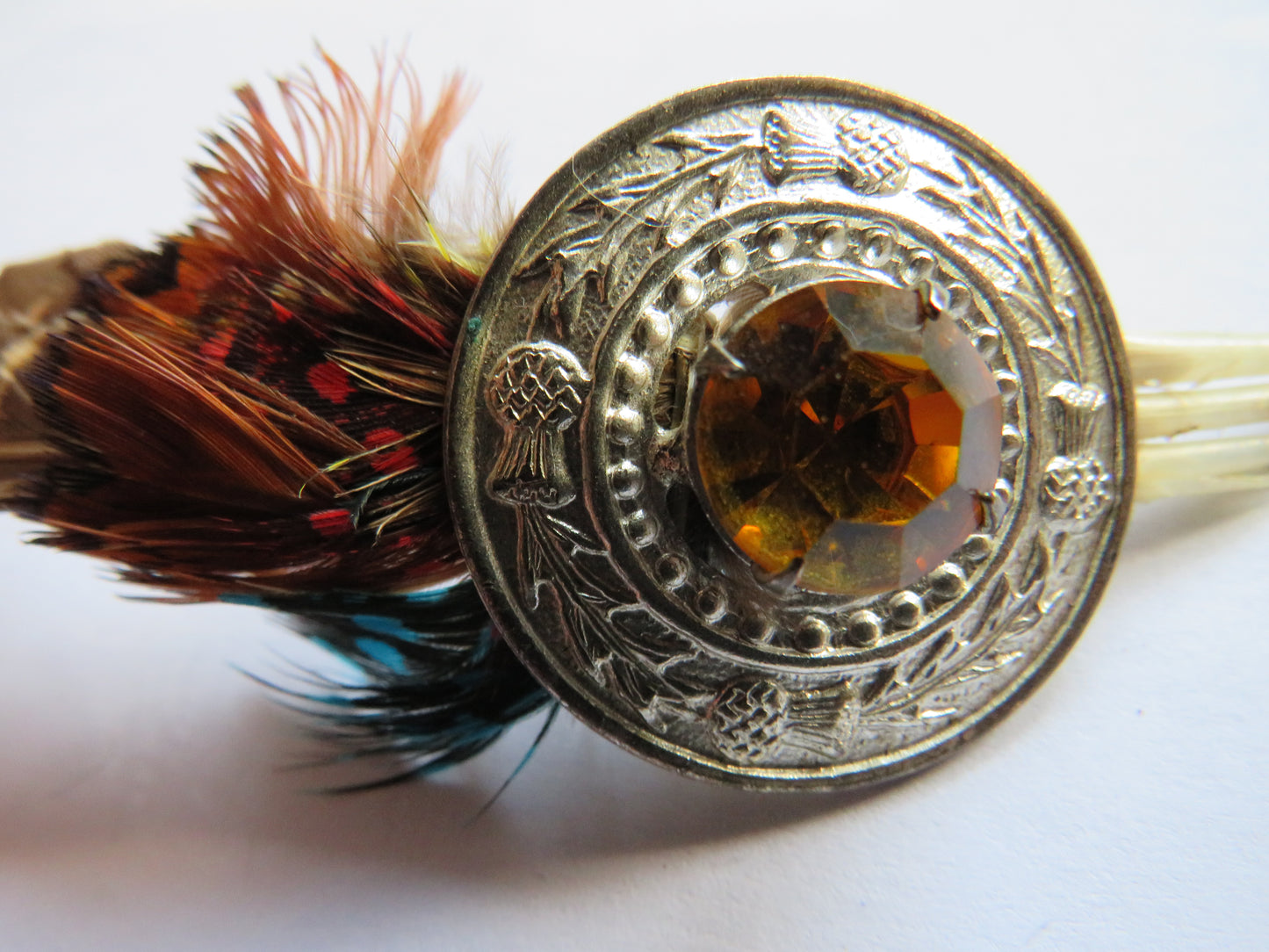 Vintage Scottish Thistle & Orange Glass Brooch With Feathers
