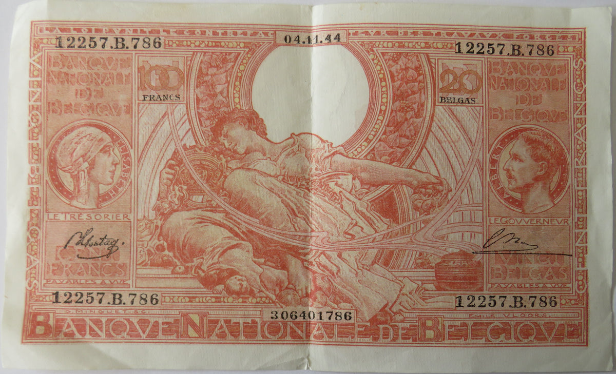 1944 Belgium 100 Francs Banknote