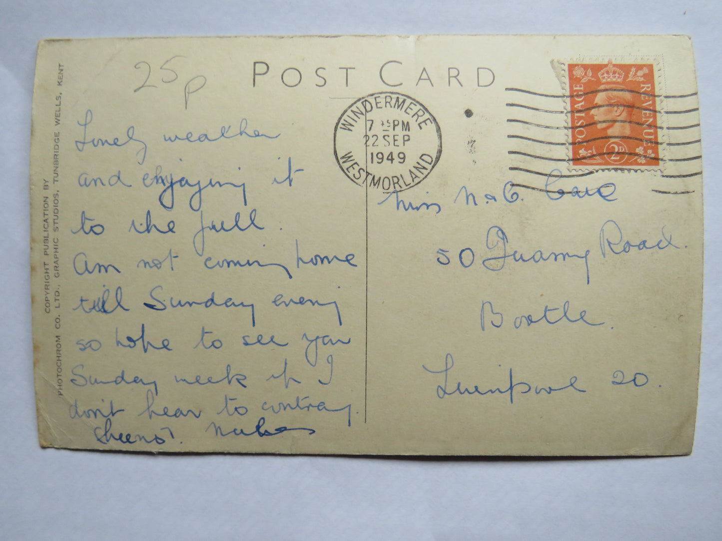 Vintage Postcard of Kendal, Scout Scar 1949