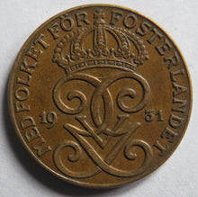 Load image into Gallery viewer, 1931 Sweden 2 Ore Coin
