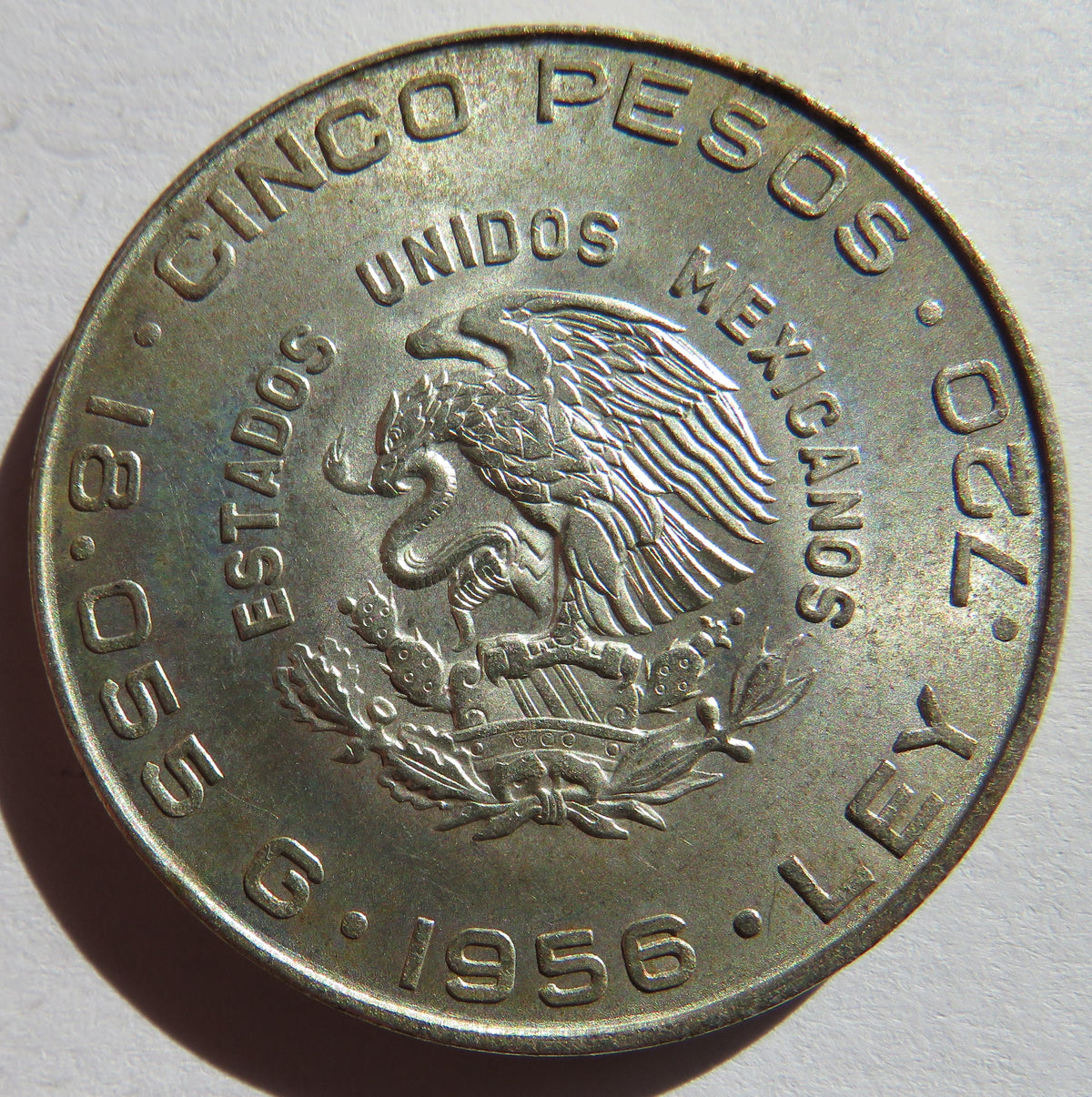 1956 Mexico Silver 5 Pesos Coin In High Grade