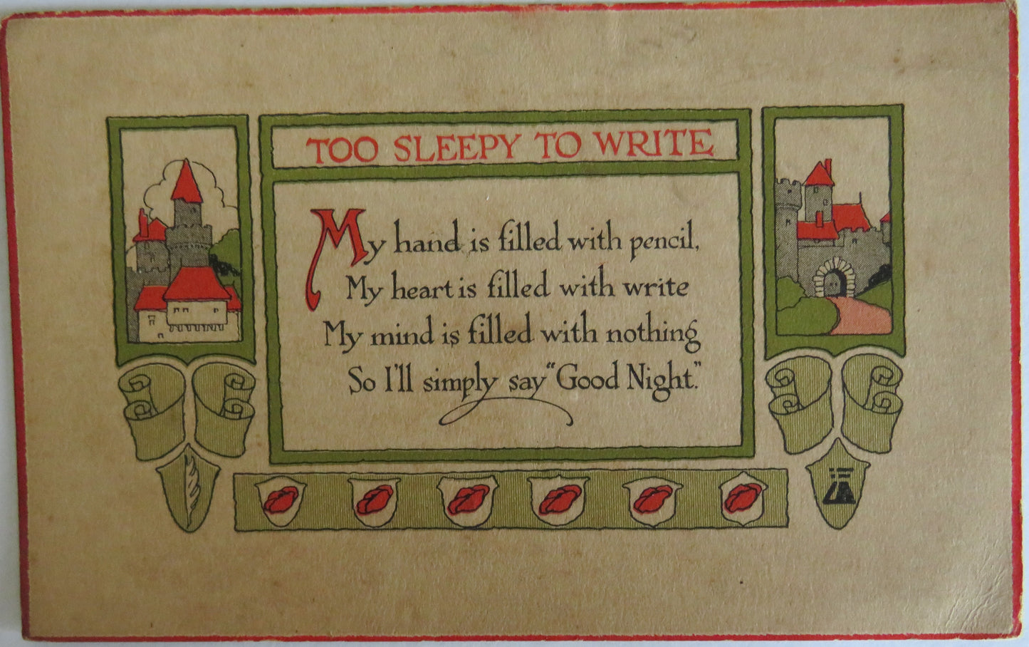 Vintage Comical Postcard "Too Sleepy To Write"
