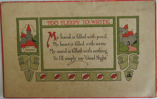 Vintage Comical Postcard "Too Sleepy To Write"