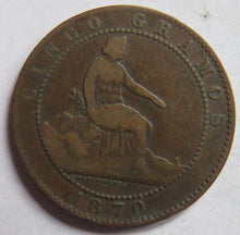 Load image into Gallery viewer, 1870 Spain 5 Centimos Coin
