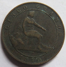 Load image into Gallery viewer, 1870 Spain 5 Centimos Coin
