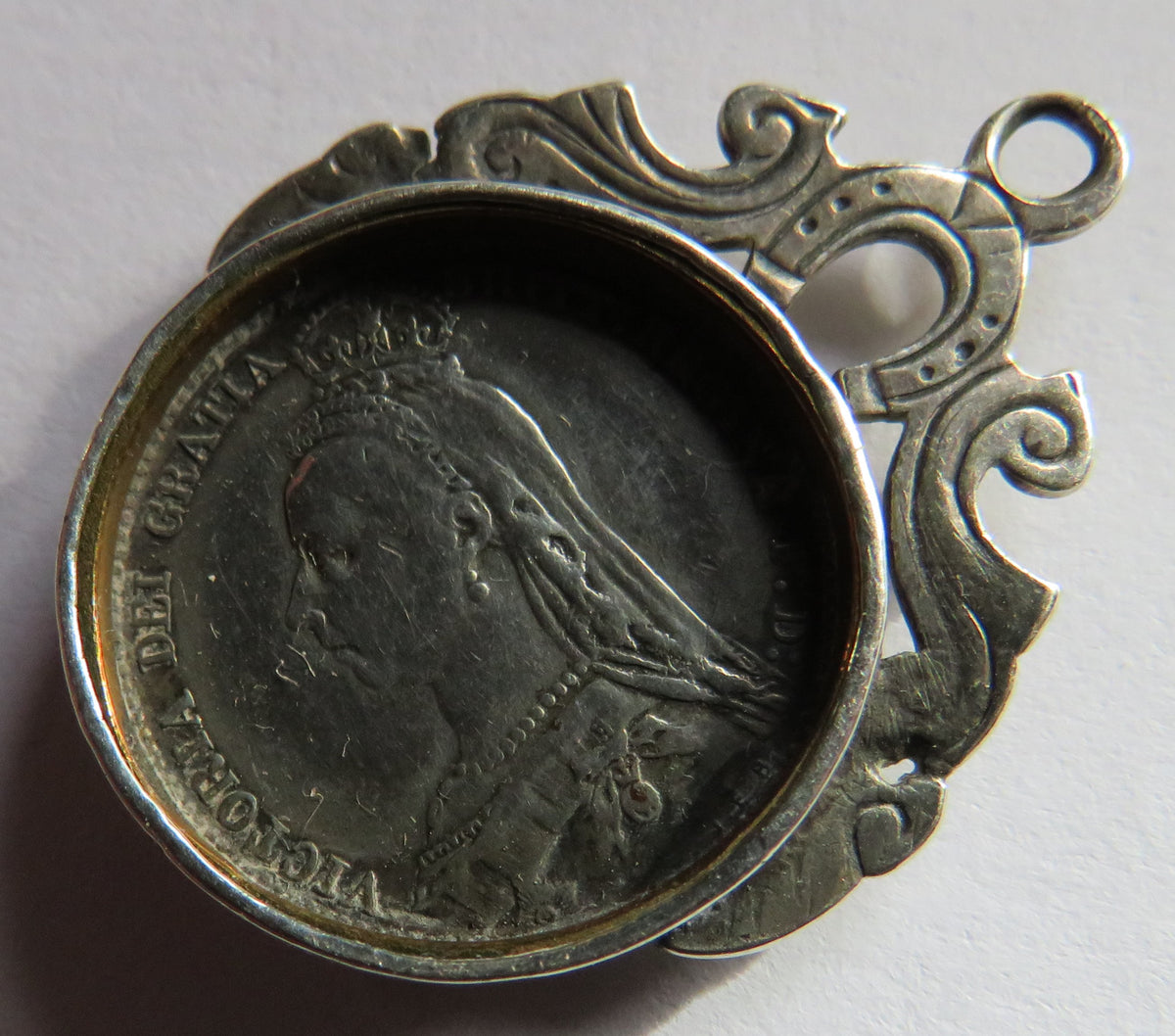 1887 Queen Victoria Silver Enamelled Sixpence Made Into Fob