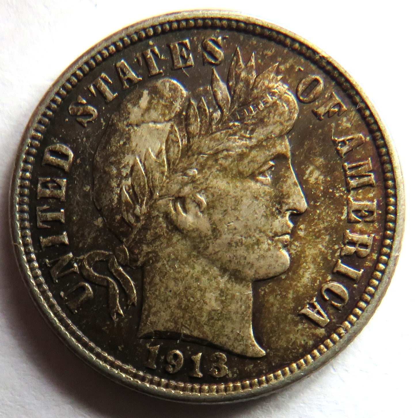 1913 USA Silver Barber Dime Coin In Higher Grade