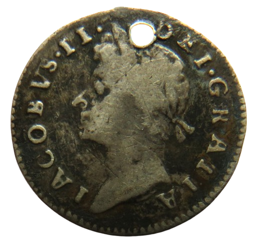 1687 King James II Silver Maundy Threepence Coin (Holed)
