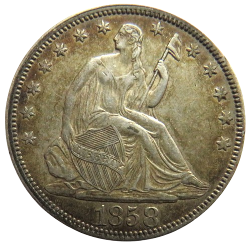 1858 USA Seated Liberty Silver $1/2 Half-Dollar Coin In High Grade