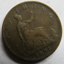 Load image into Gallery viewer, 1891 Queen Victoria Bun Head Farthing Coin - Great Britain
