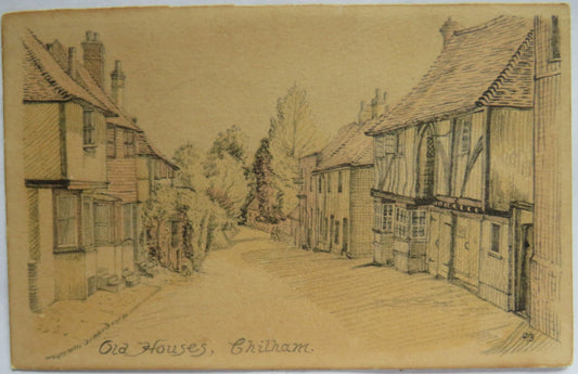 Vintage Postcard of Old Houses, Chilham, Pencil Sketch Postcard