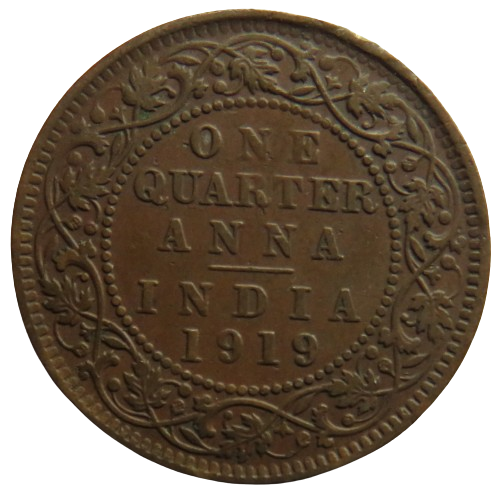 1919 King George V India 1/4 Anna Coin