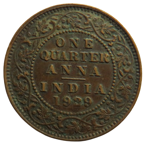 1929 King George V India 1/4 Anna Coin