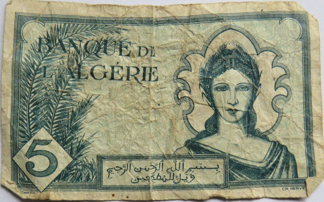 1942 Algeria 5 Francs Banknote