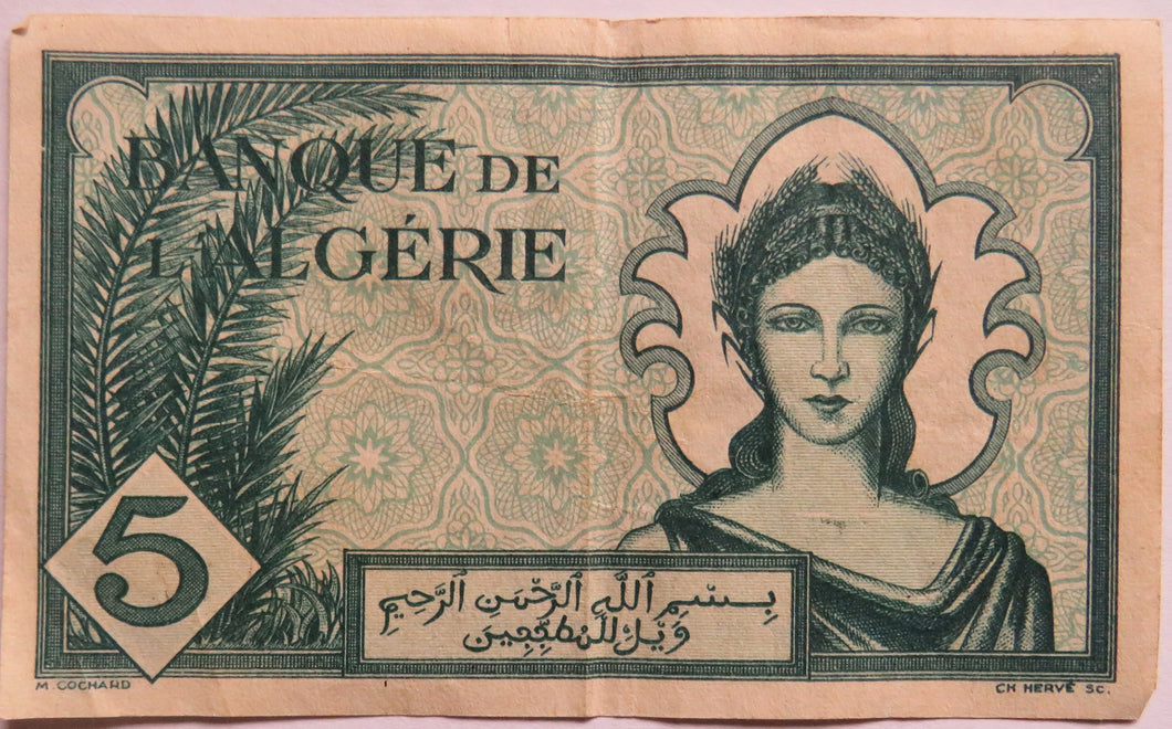 1942 Algeria 5 Francs Banknote