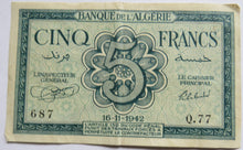 Load image into Gallery viewer, 1942 Algeria 5 Francs Banknote
