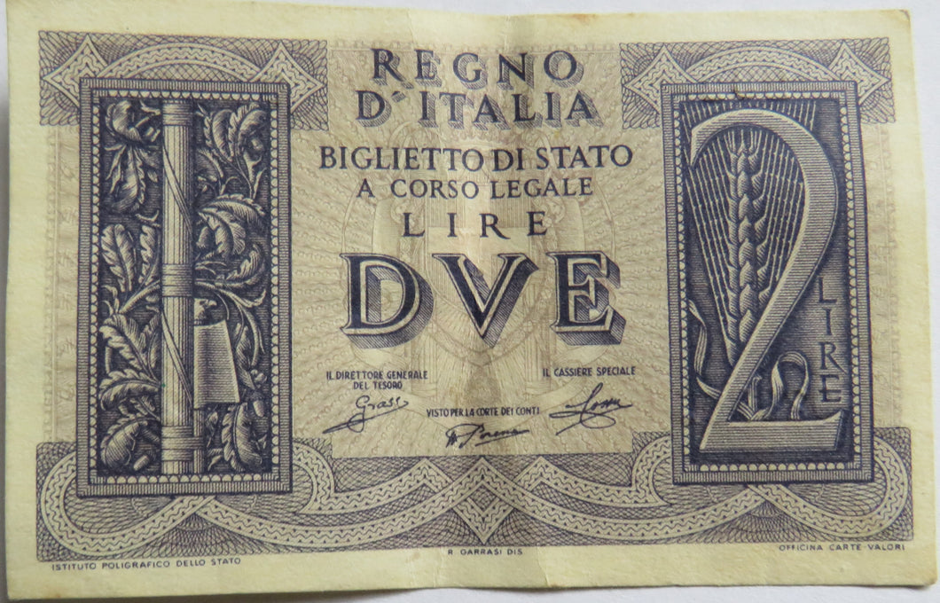 1939 Italy 2 Lire Banknote