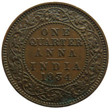 Load image into Gallery viewer, 1934 King George V India 1/4 Anna Coin.
